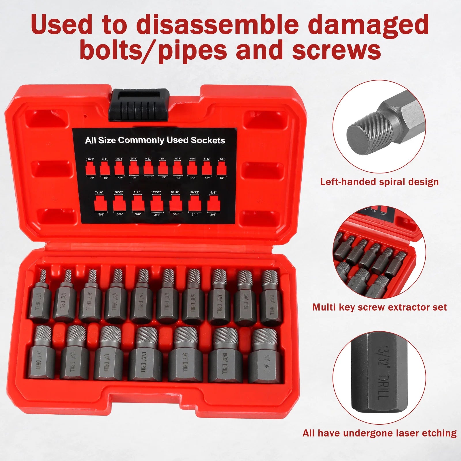 Bolt Extractor Set Heavy Duty Chrome Molybdenum Steel Spiral Screw Remover Kit Multi-Size 15-Piece
