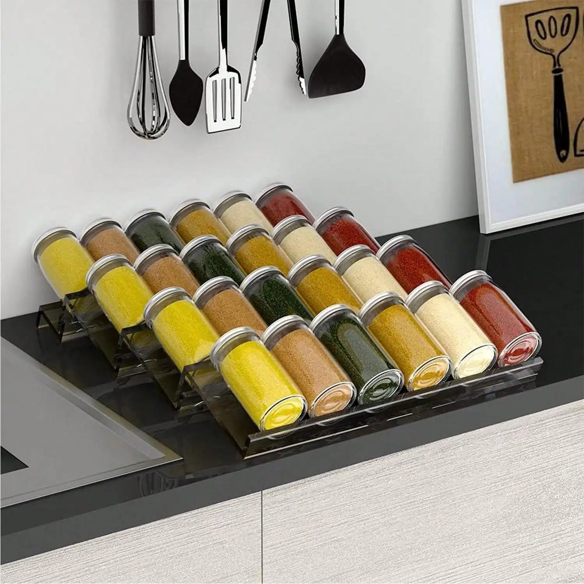 4 Tier Adjustable Acrylic Spice Drawer Organizer Expandable Seasoning Rack Tray – Black