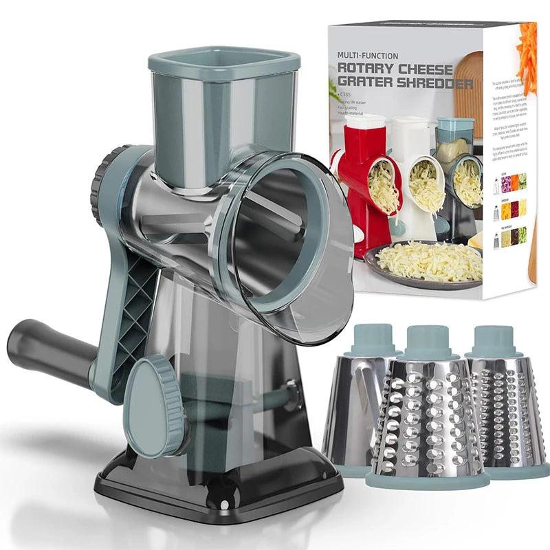 3-in-1 Rotary Cheese Grater with Manual Handle and Interchangeable Drums – Blue