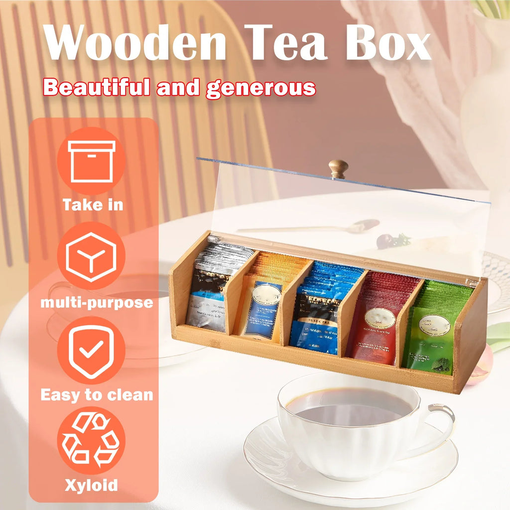 Tea Bag Organiser Bamboo Storage Box with 5 Compartments and Clear Lid