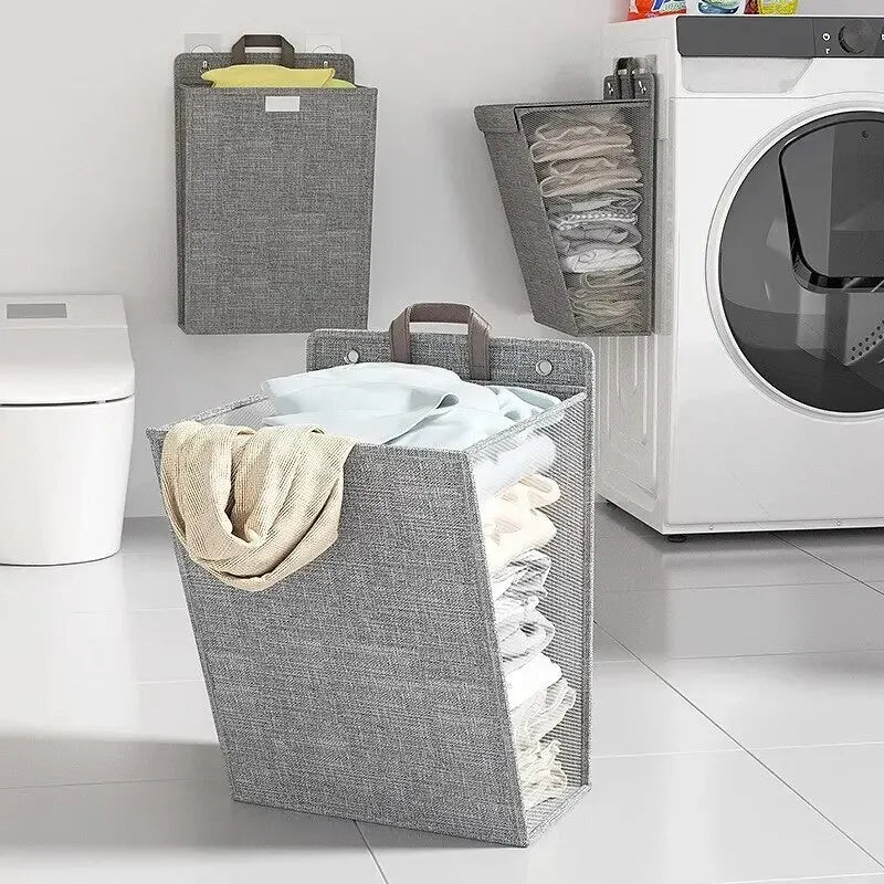 Laundry Basket Foldable Wall Hanging Hamper Space Saving Storage - Grey