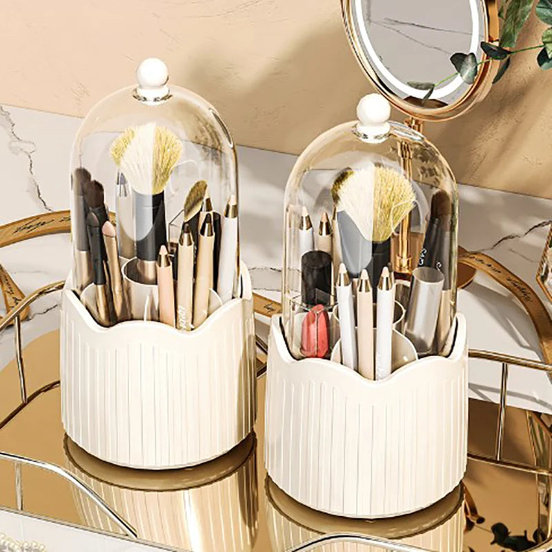 360° Rotating Makeup Brush Holder Cosmetics Organizer with Dustproof Lid and Storage Compartments – Yellow