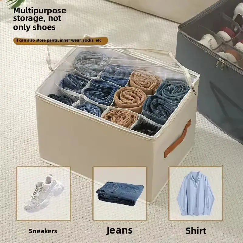 Shoe Storage Box Foldable Clear Cover with Adjustable Dividers - Grey