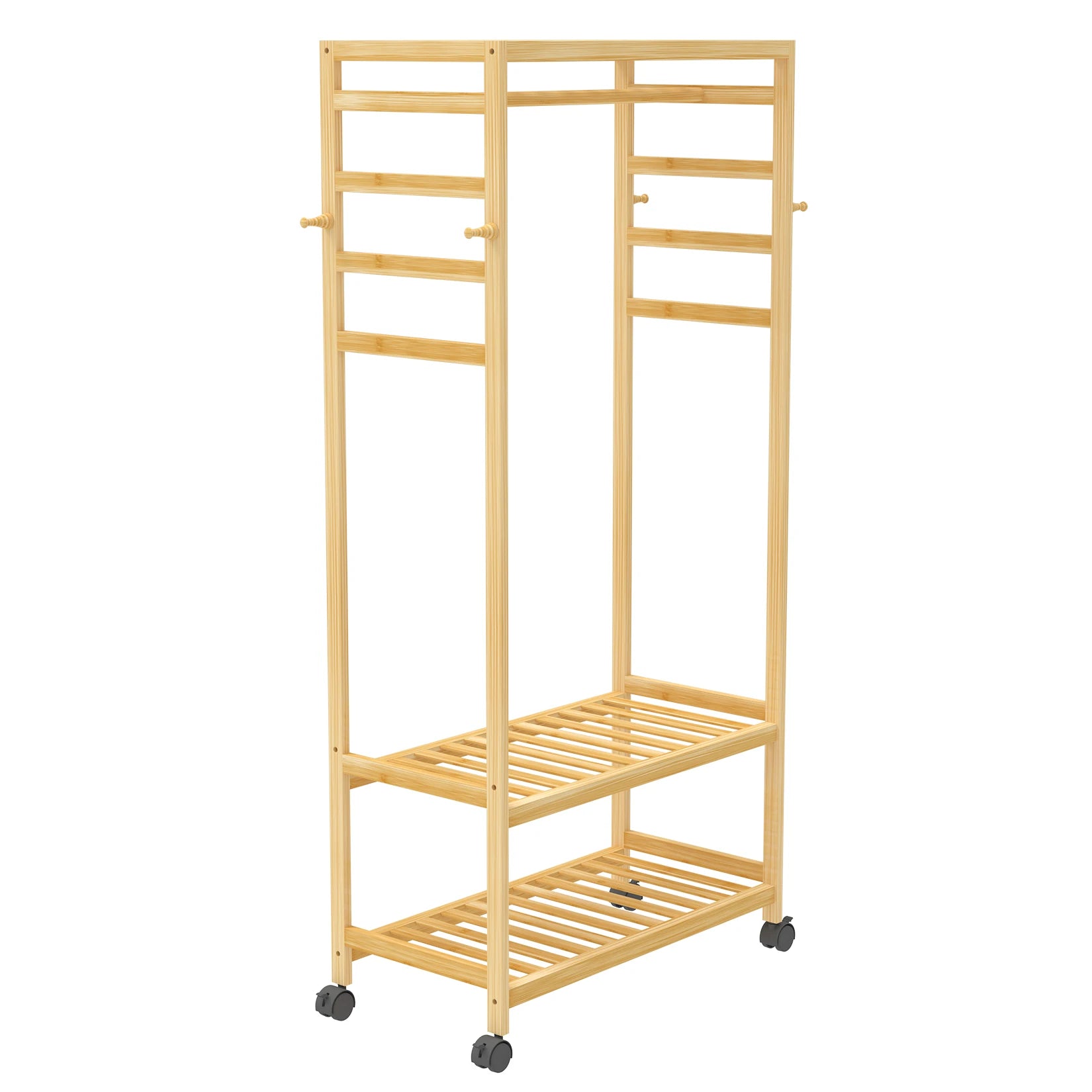 Bamboo Garment Rack with Shelves and Rolling Wheels Freestanding Clothes Hanging Organizer – Natural Wood