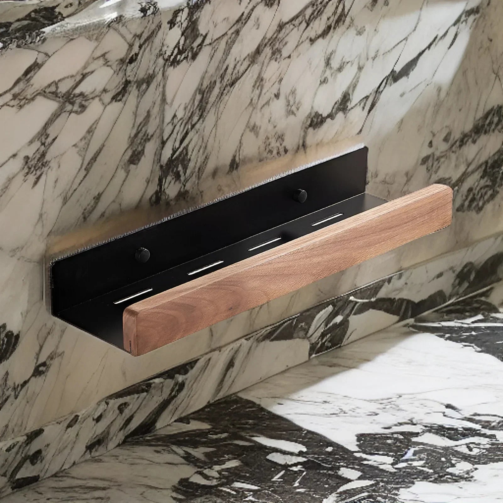 Wall Mounted Black Walnut Bathroom Storage Shelf Aluminum Organizer Rack No Drill – 40cm