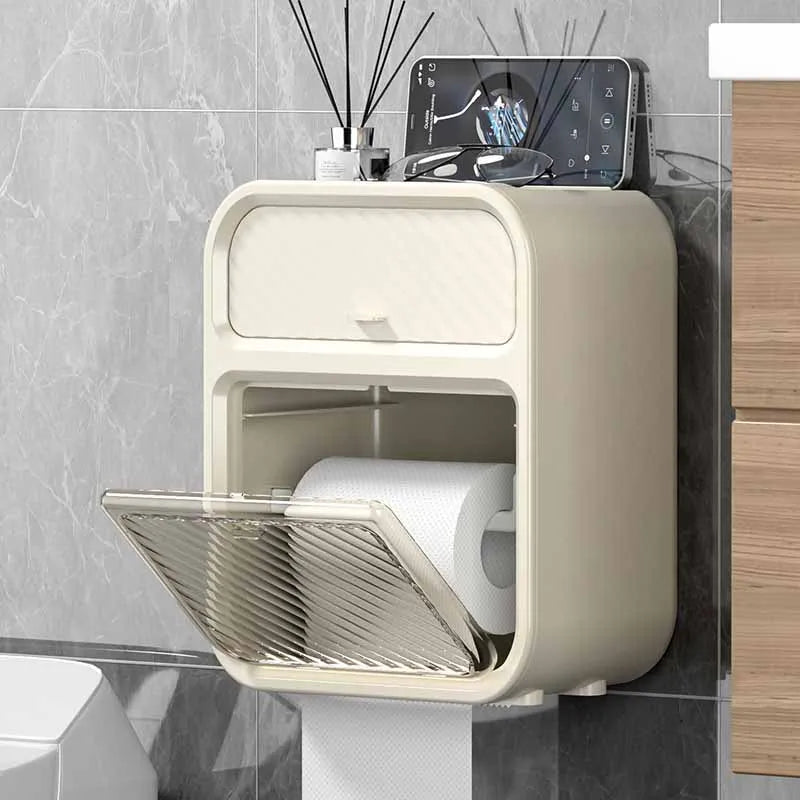 Waterproof Toilet Paper Storage Box Wall Mounted Tissue Holder with Storage Shelf – White