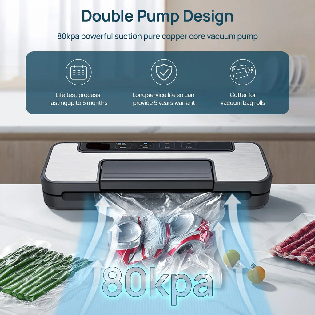Electric Vacuum Sealer Machine with Sous-Vide Function, LED Touch, and 12mm Heating Strip