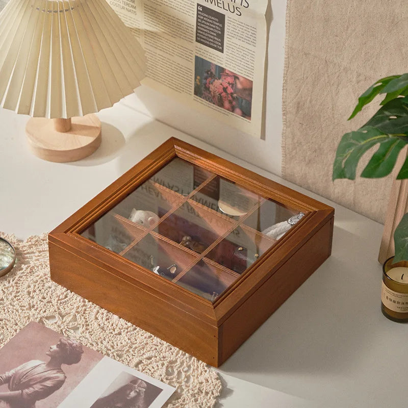 Jewelry Storage Box Portable 9 Grid Solid Wood Desktop Organizer Case Multi Function Rectangle Design