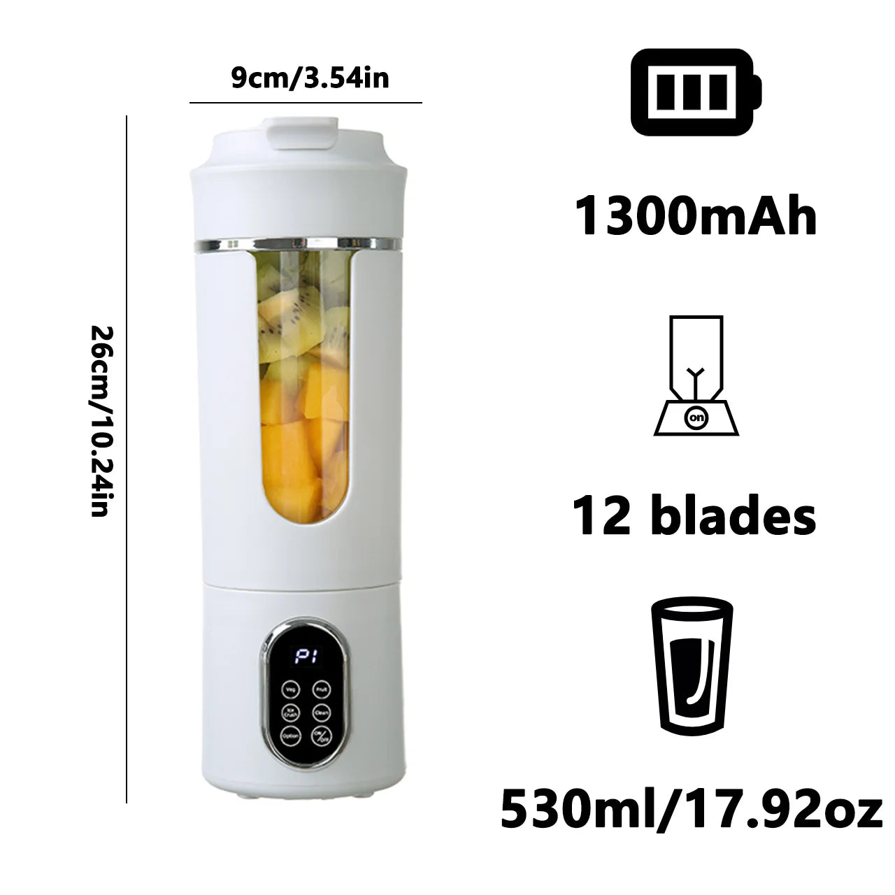 Portable Juicer 530ml Electric Blender USB Rechargeable 12 Blade Mixer with 4 Speed Settings - White