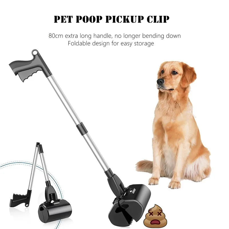 80cm Foldable Dog Pooper Scooper Long Handle Pet Waste Picker Portable Poop Grabber Cleaning Tool