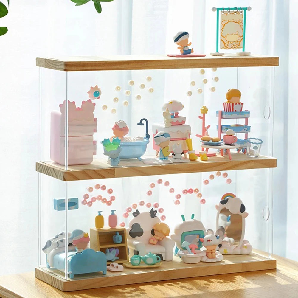 Display Case Acrylic Showcase with Wood Base 2 Tier Figurine Storage Box
