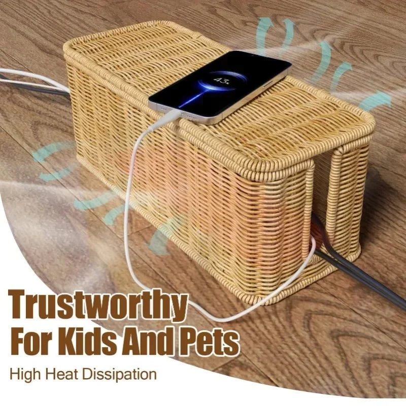 Rattan Cable Management Box Handmade Woven Cord Organiser for Desk & TV - Brown