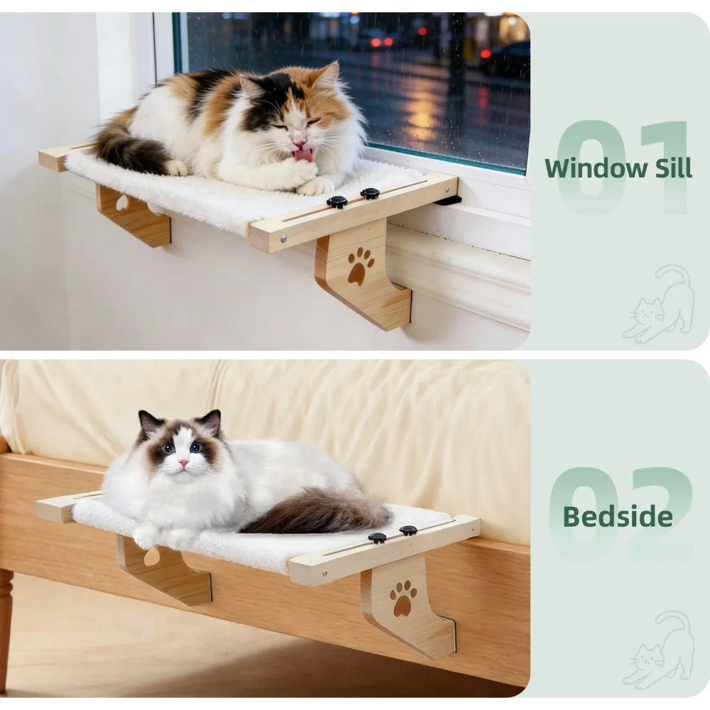 Portable Wooden Frame Cat Window Hammock Hanging Pet Bed with Paw Print Design