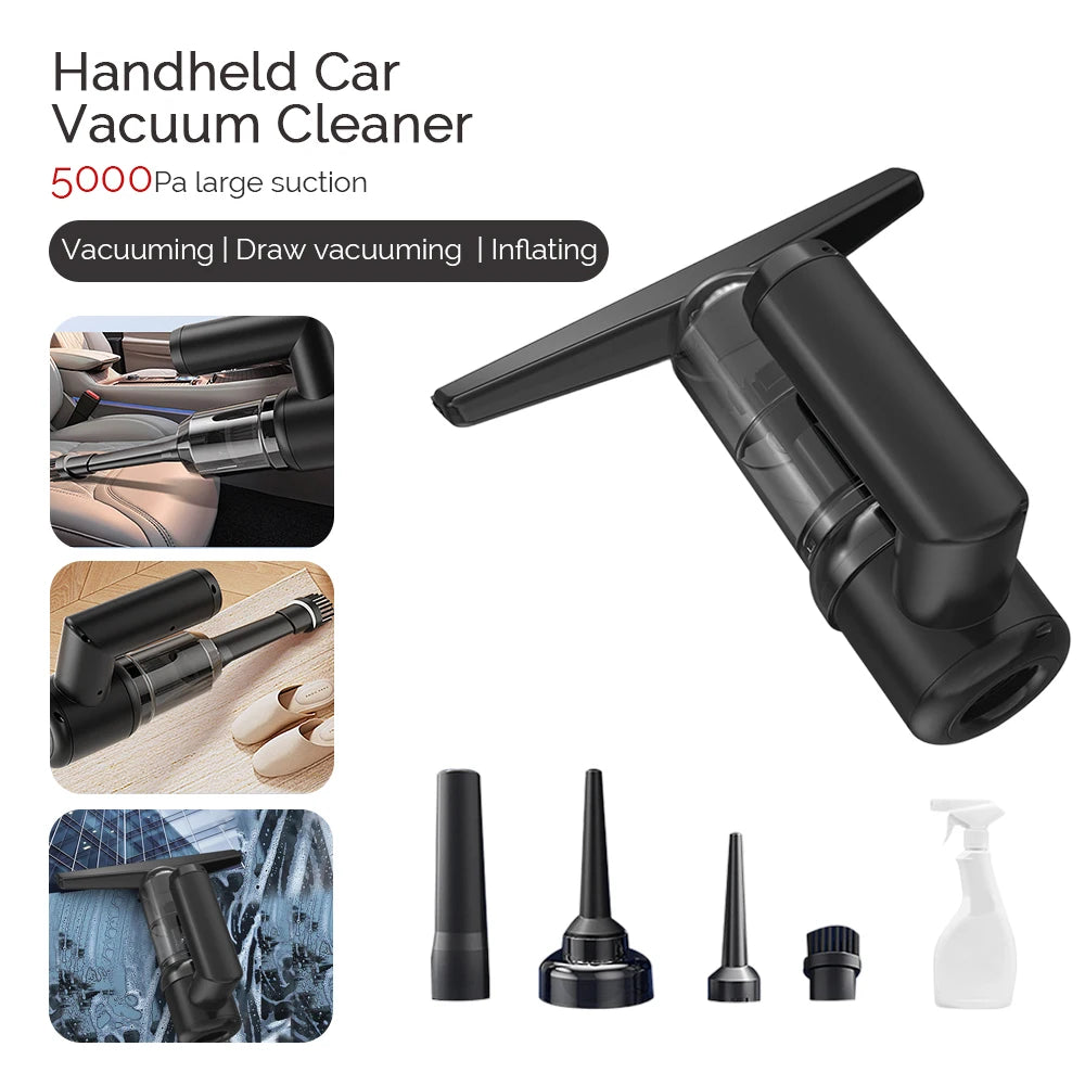 5000PA Cordless Vacuum Cleaner – Multi-Purpose Car & Window Cleaner – Strong Suction Handheld Cleaner with Glass Wiper & Brush - Black