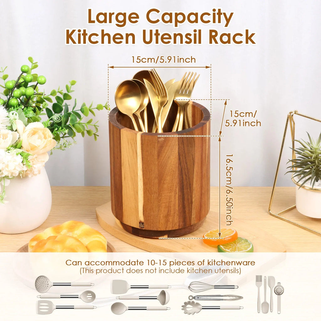 Utensil Holder Rotating 360 Degree Wooden Kitchen Benchtop Organiser - Brown