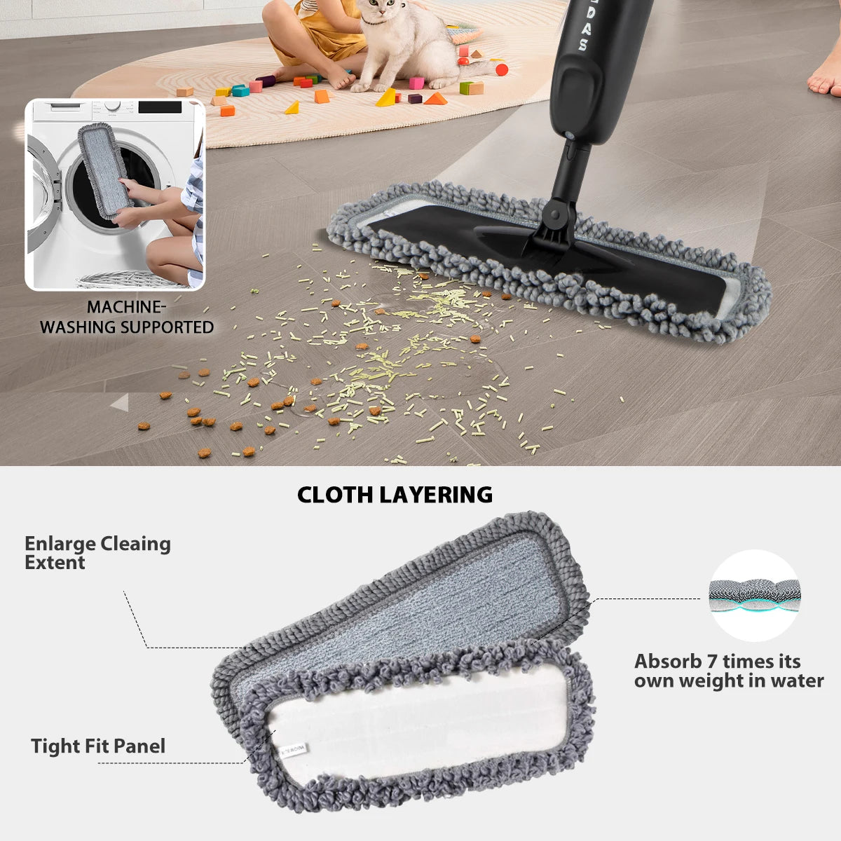 Spray Mop with 500ml Bottle Microfiber Floor Cleaner with 2 Pads Wet Dry Use Black