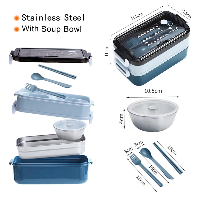 Lunch Box 3 Compartment Stainless Steel Leak Resistant Food Container Microwave Compatible – Blue