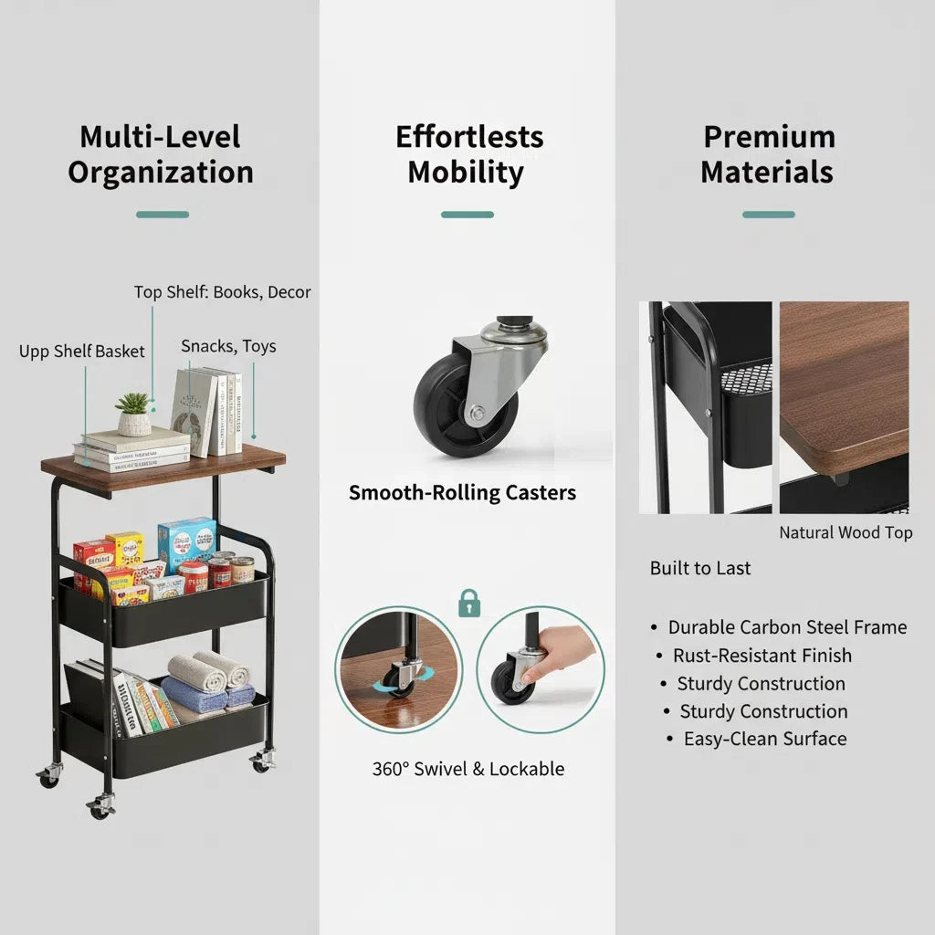 Heavy Duty Steel Rolling Storage Cart – Multi-Tier Utility Organizer with Locking Wheels for Kitchen, Office, Dorm, Bathroom, Bedroom Black