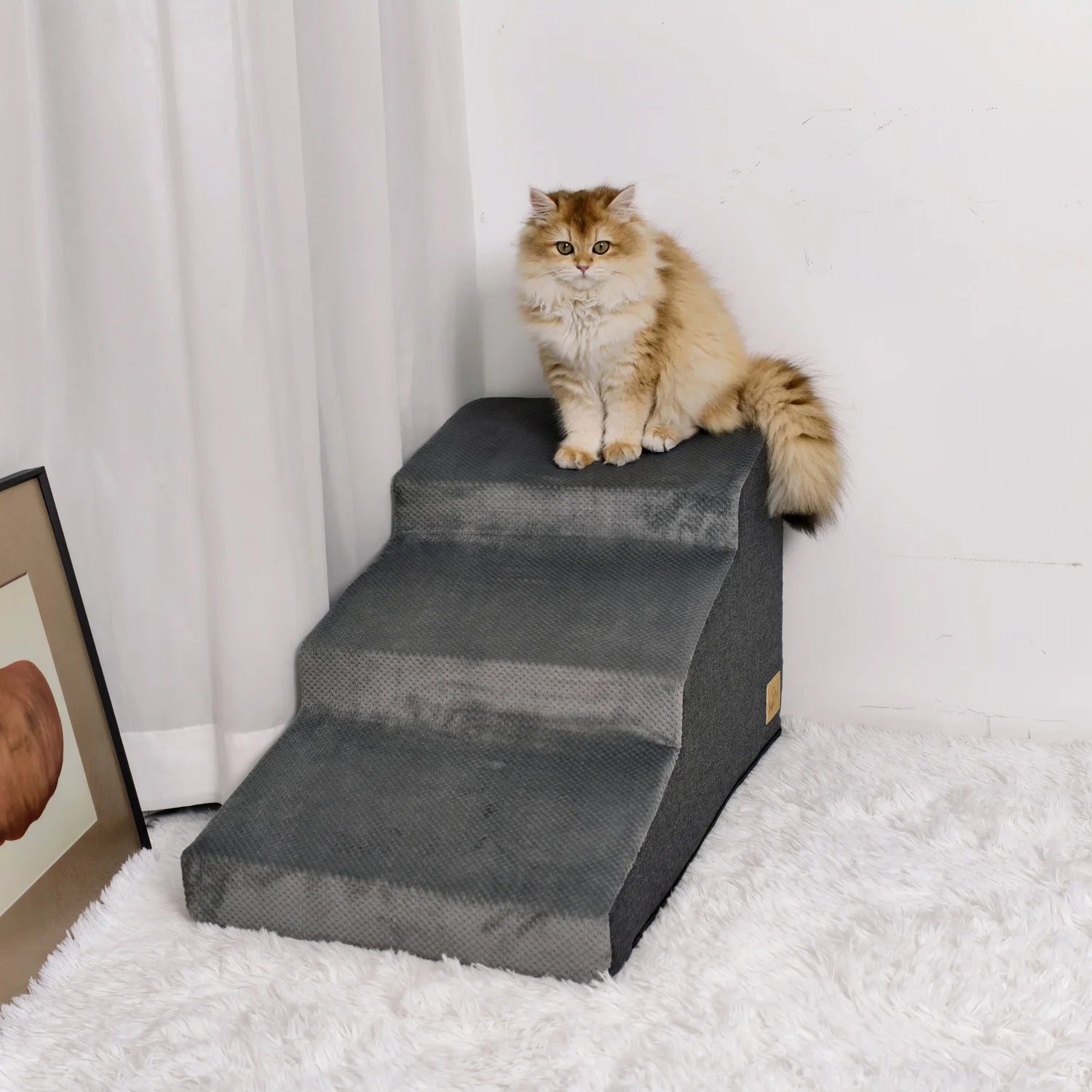 4 Step Non-Slip Dog Stairs Ramp with Washable Cover Soft Foam Pet Steps for Sofa Bed and Couch – Grey