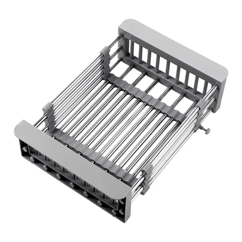 Kitchen Sink Drain Rack Adjustable Stainless Steel Retractable Dish Drying Basket Storage Organizer - White