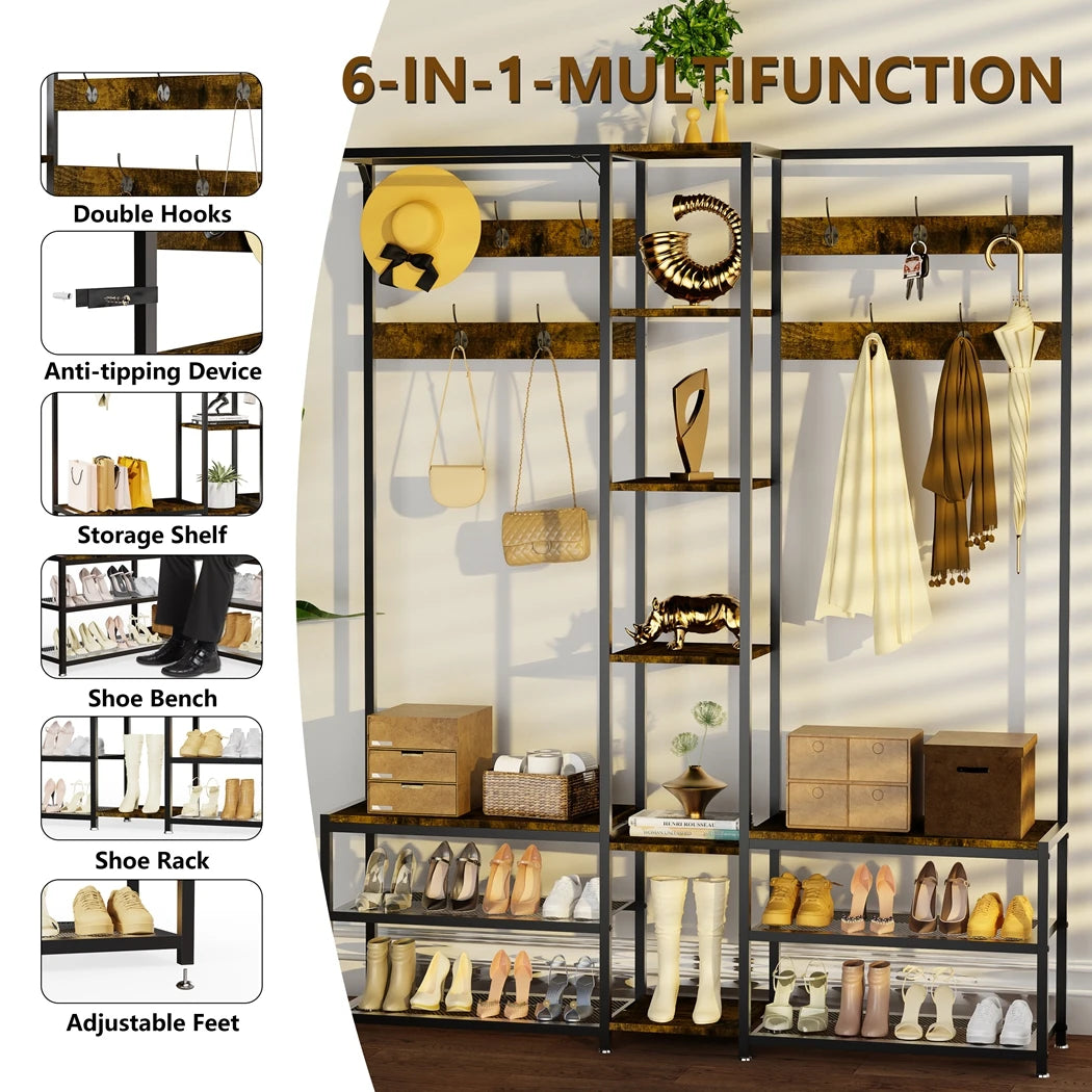 Heavy Duty Hall Tree Coat Rack with Shoe Bench and Shelves Freestanding Entryway Organizer - Black