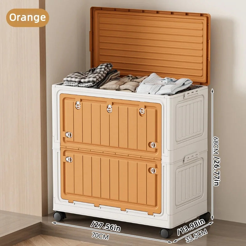 Foldable Storage Bin 70cm Large Capacity Transparent Organizer with Wheels - Orange