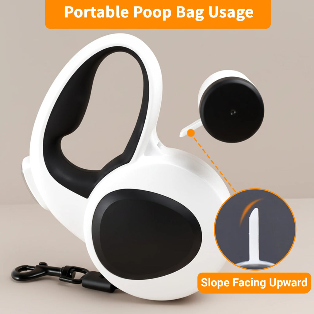 Dog Leash 4.9 m Retractable Rechargeable LED Light Steel Cable with Waste Bag Holder for Outdoor Walks