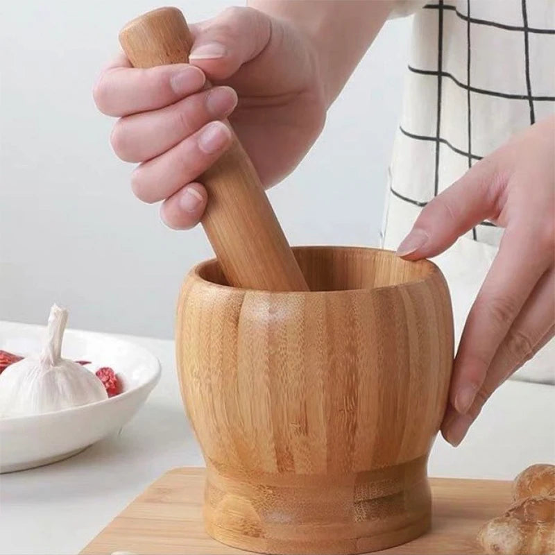 Mortar and Pestle 10cm Bamboo Herb Spice Mill Garlic Masher Kitchen Preparation Tool