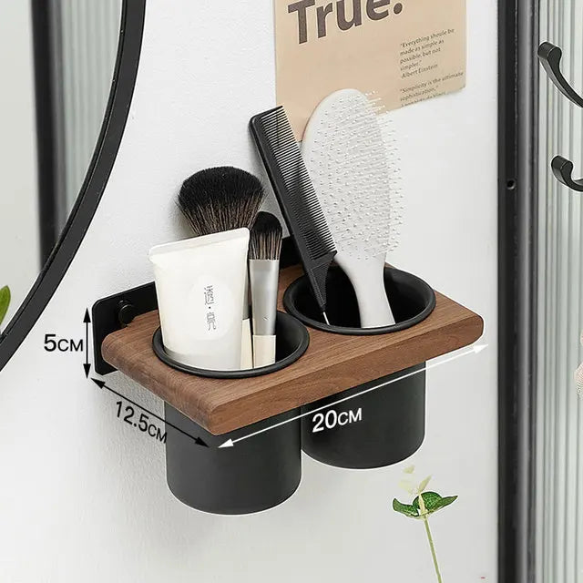 Portable Wall Mounted Hair Dryer Holder Wooden Bathroom Styling Tool Organizer - Black