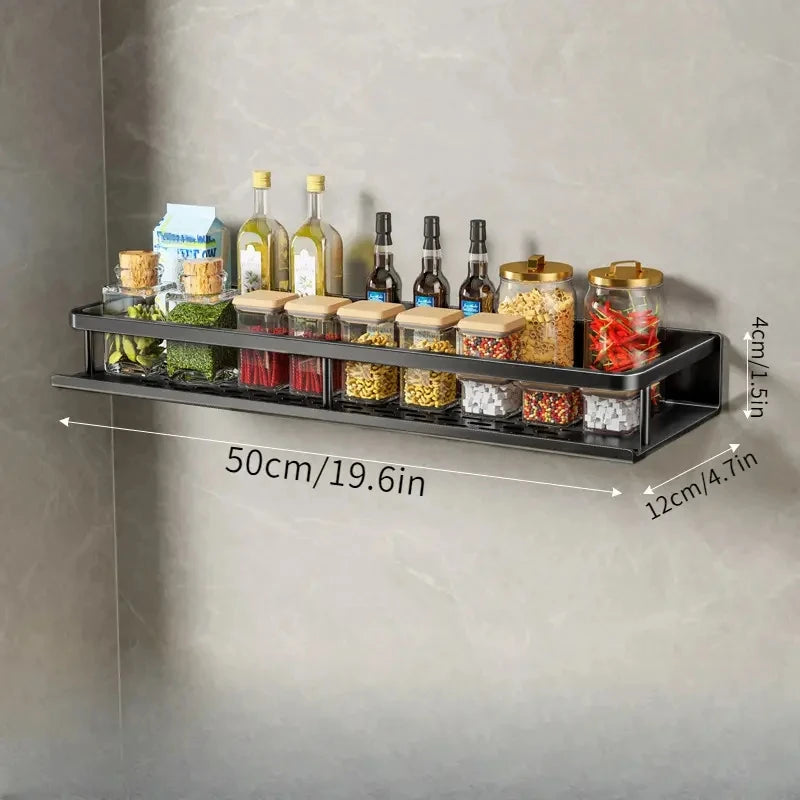 Wall Mounted Aluminum Kitchen Spice Rack with Hook Bar Storage Shelf Organizer – Black 50cm