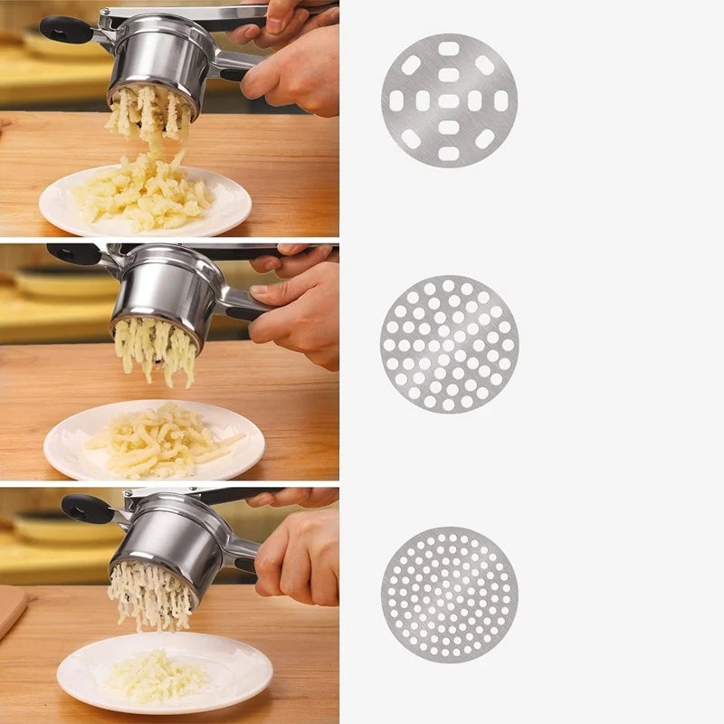 Potato Ricer 9.3cm Stainless Steel Press with 3 Interchangeable Discs Compact Kitchen Tool