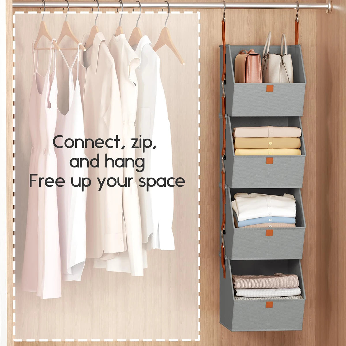 Foldable 4 Tier Hanging Closet Organizer Non-Woven Fabric Storage Shelves for Wardrobe – Grey