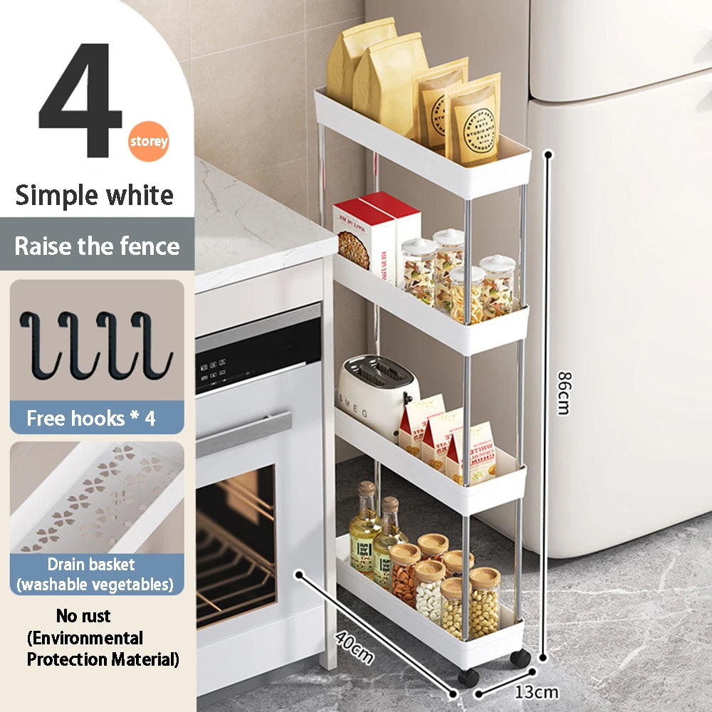 4 Tier Slim Rolling Storage Cart Movable Gap Organizer Shelf Rack for Kitchen Bathroom and Living Room – White