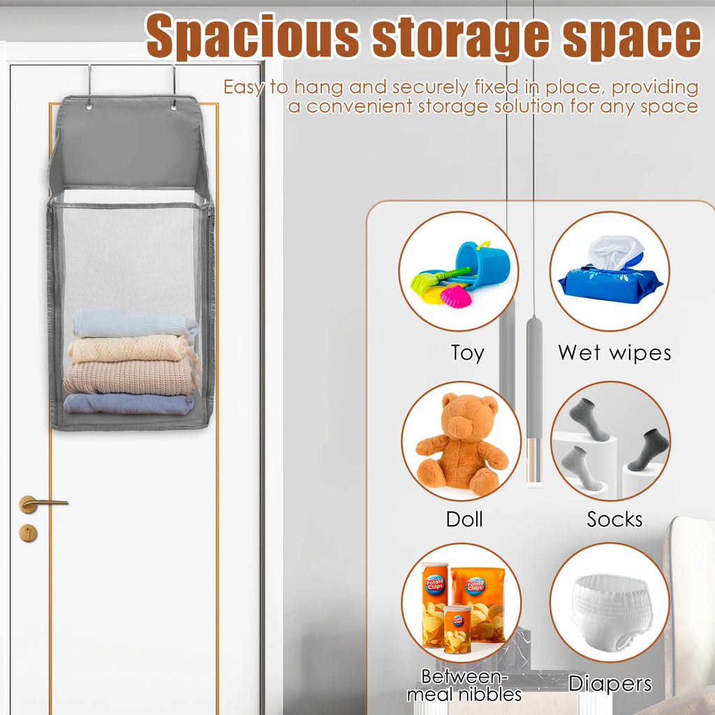 2Pcs Foldable Hanging Laundry Basket Mesh Hamper Over Door Storage - Grey