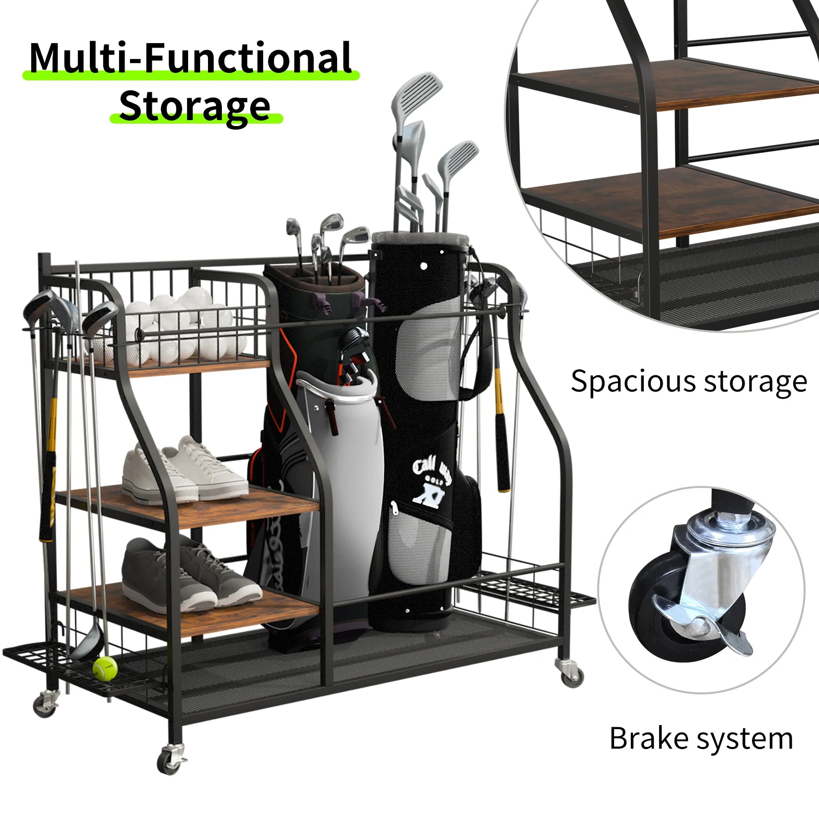 Rolling Golf Bag Organizer Rack with Shelves Sports Equipment Storage Stand on Wheels – Black