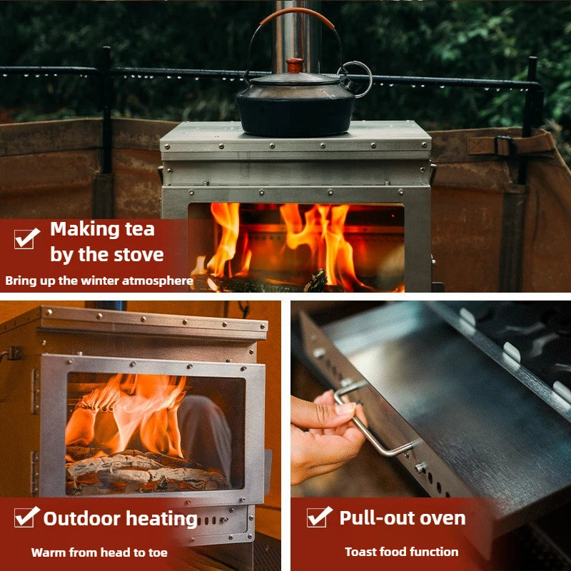 Camping Tent Stove Stainless Steel Wood Burning Heater with Glass Window – Silver