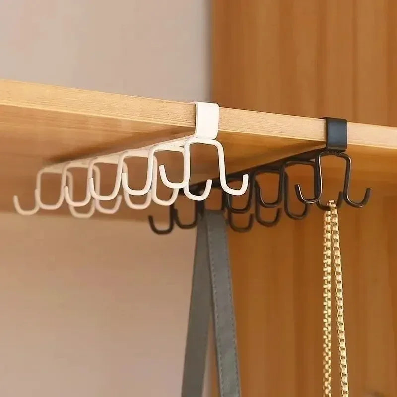 No Drill Double Row Kitchen Hook Rack Wall Mounted Carbon Steel Utensil Hanger with 12 Hooks – White