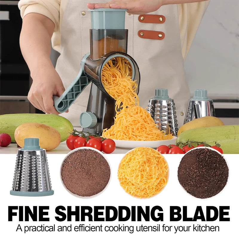 3-in-1 Rotary Cheese Grater with Manual Handle and Interchangeable Drums – Blue