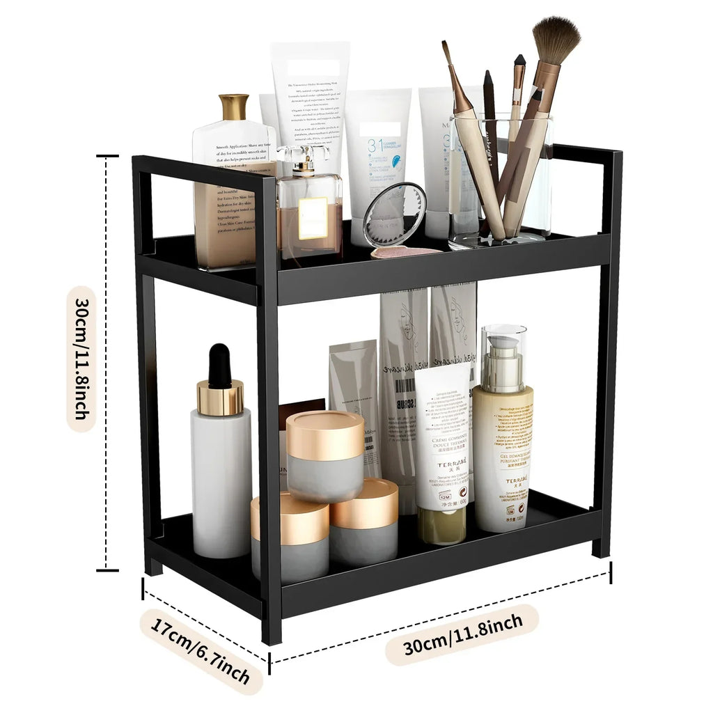 2 Tier Under Sink Organizer Sliding Storage Rack Hooks Bathroom Kitchen - Black