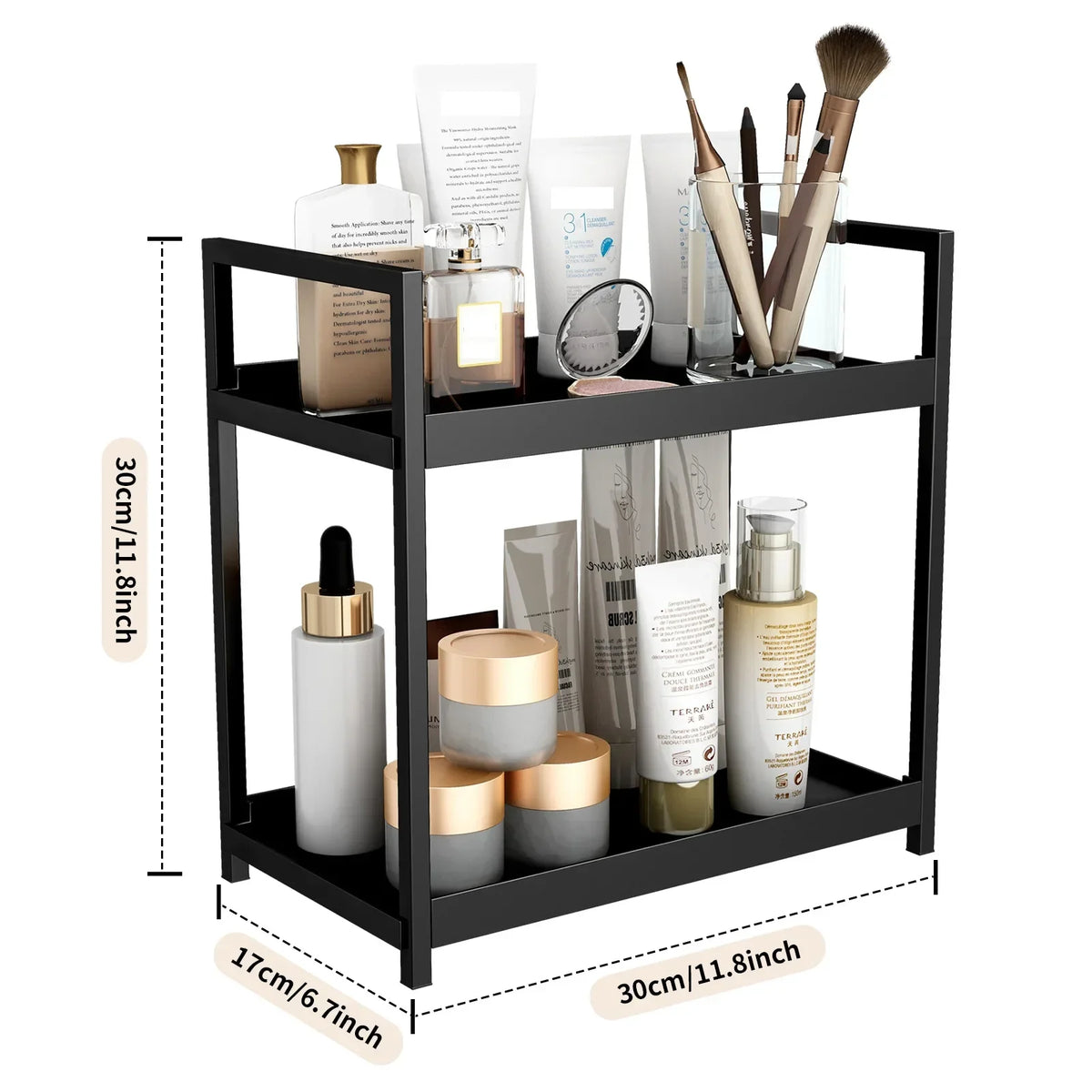 2 Tier Under Sink Organizer Sliding Storage Rack Hooks Bathroom Kitchen - Black