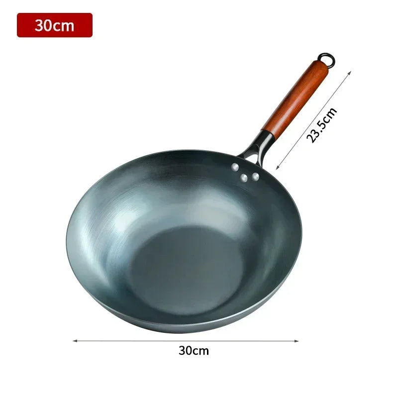 Flat Bottom Blue Iron Wok Pan 30cm Traditional Non-Coated Stir Fry Pan for Gas and Induction Cooktops
