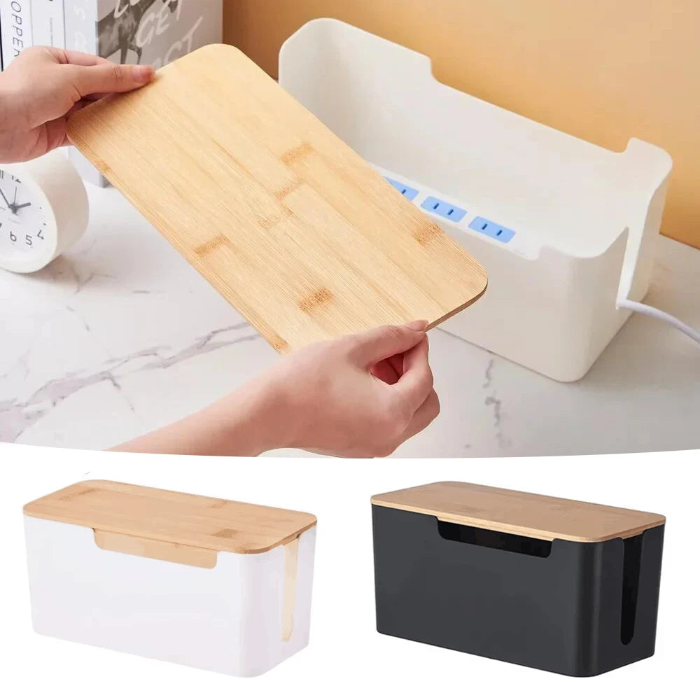 Wooden Office Cable Storage Box Power Strip Organizer – Black