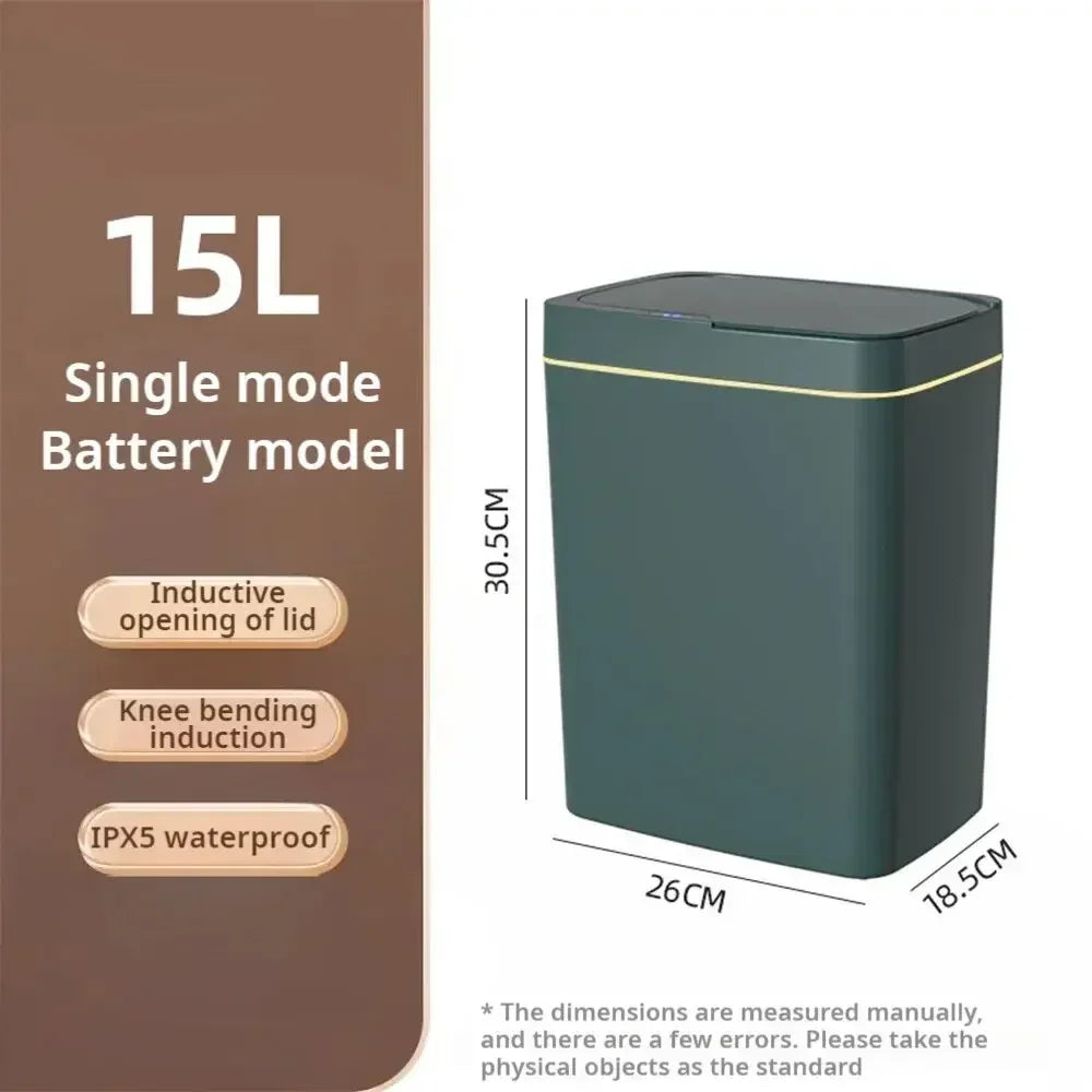 Trash Bin 15L Automatic Sensor Touchless Waterproof Waste Basket for Kitchen Bathroom - Green