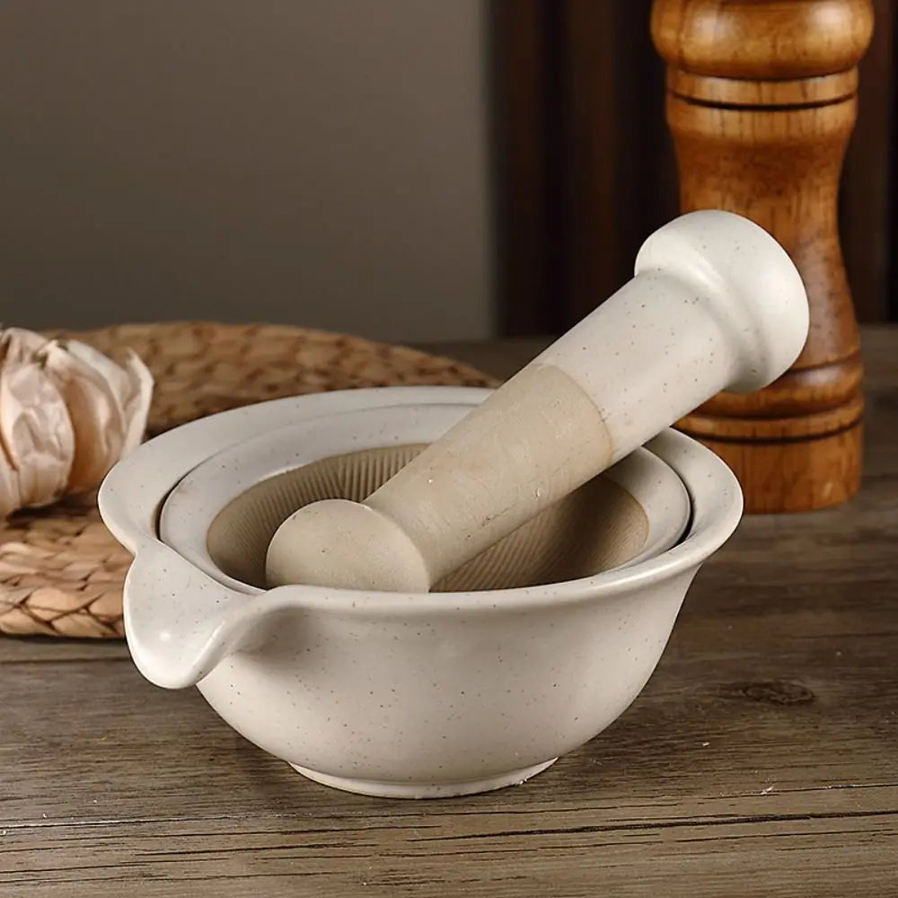 Ceramic Mortar and Pestle Set Spice Herb Garlic Grinder Bowl Kitchen Food Preparation Tool – White