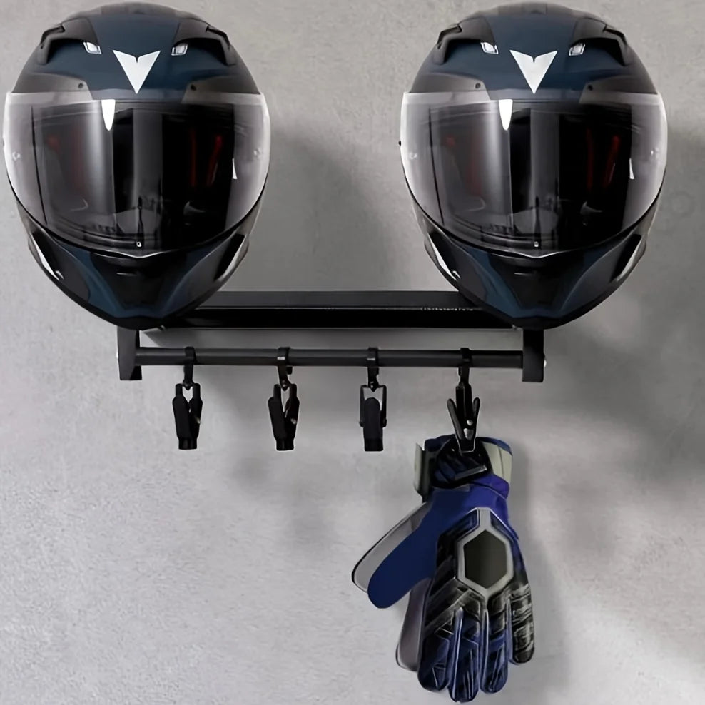Motorcycle Helmet Wall Mount Wooden Shelf with Adjustable Hooks Storage Rack - Black