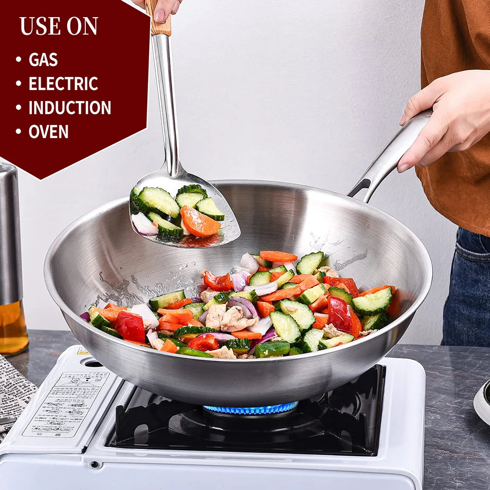 Wok 32cm Tri-Ply Stainless Steel Stir Fry Cooking Pan Glass Lid