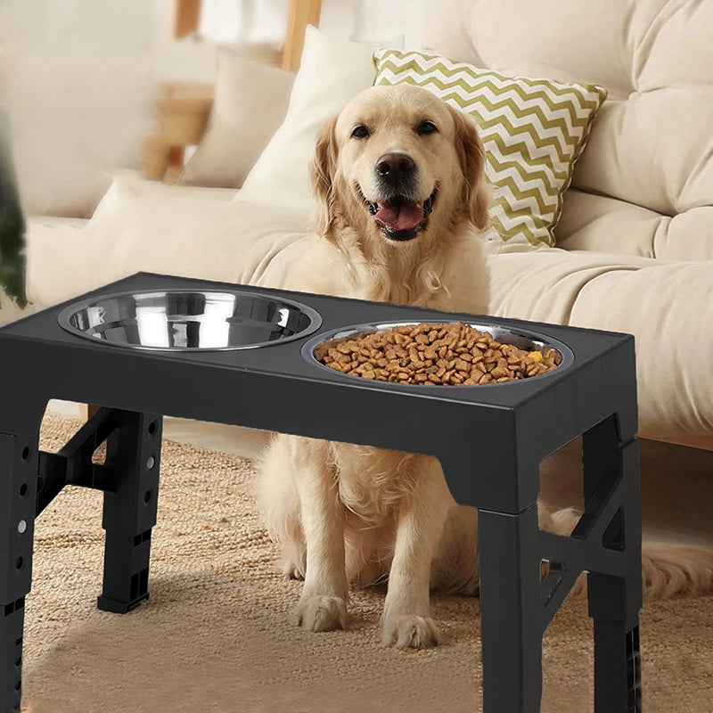 Elevated Dog Feeder Adjustable Raised Stand 2 Stainless Steel Bowls - Black