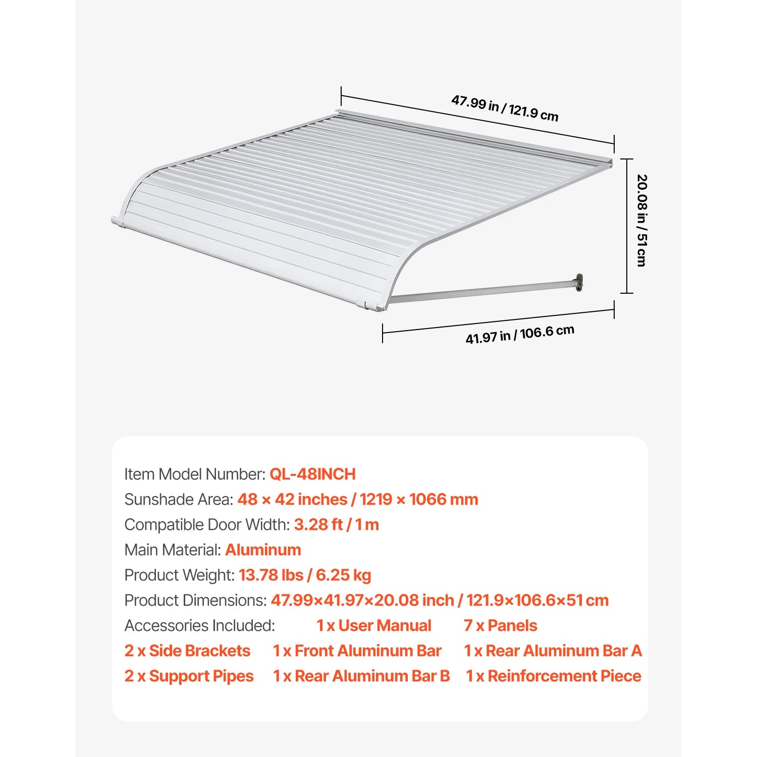Aluminum Door Awning 40x42 Inch Exterior Canopy for Rain Sun Protection - 42x48x20 Inch