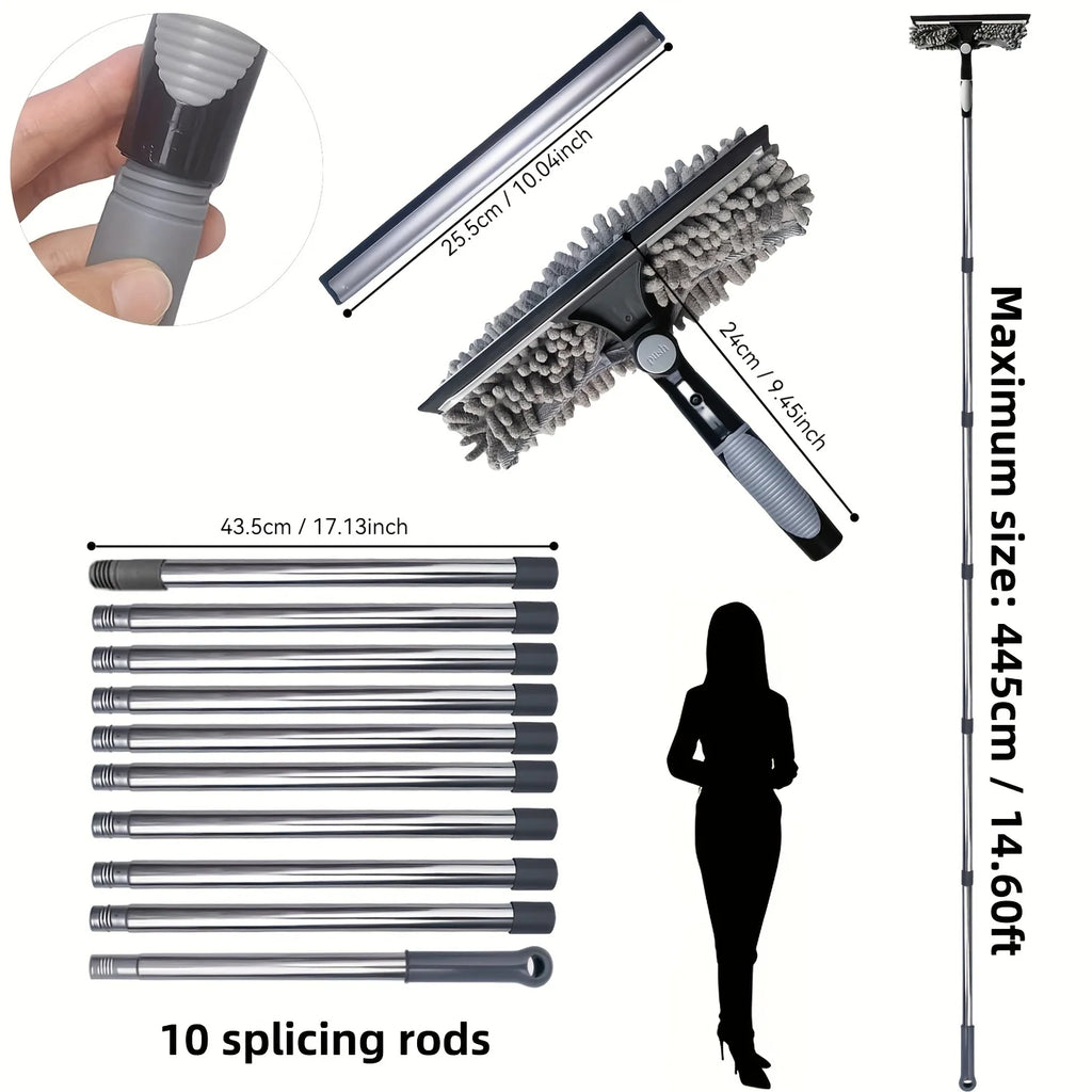 Window Cleaning Kit 2 in 1 Squeegee Microfiber Cleaner with 430cm Extension Pole Gray