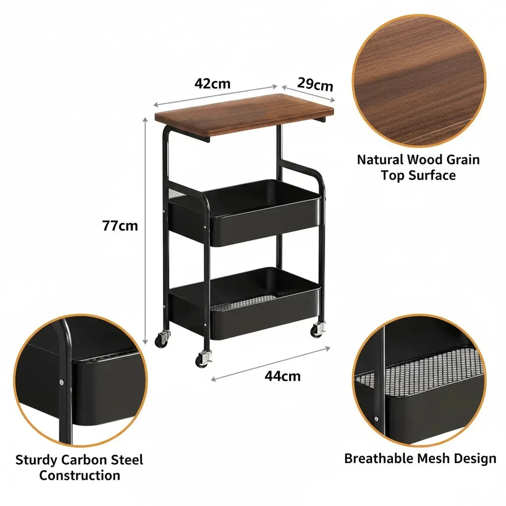 Heavy Duty Steel Rolling Storage Cart – Multi-Tier Utility Organizer with Locking Wheels for Kitchen, Office, Dorm, Bathroom, Bedroom Black